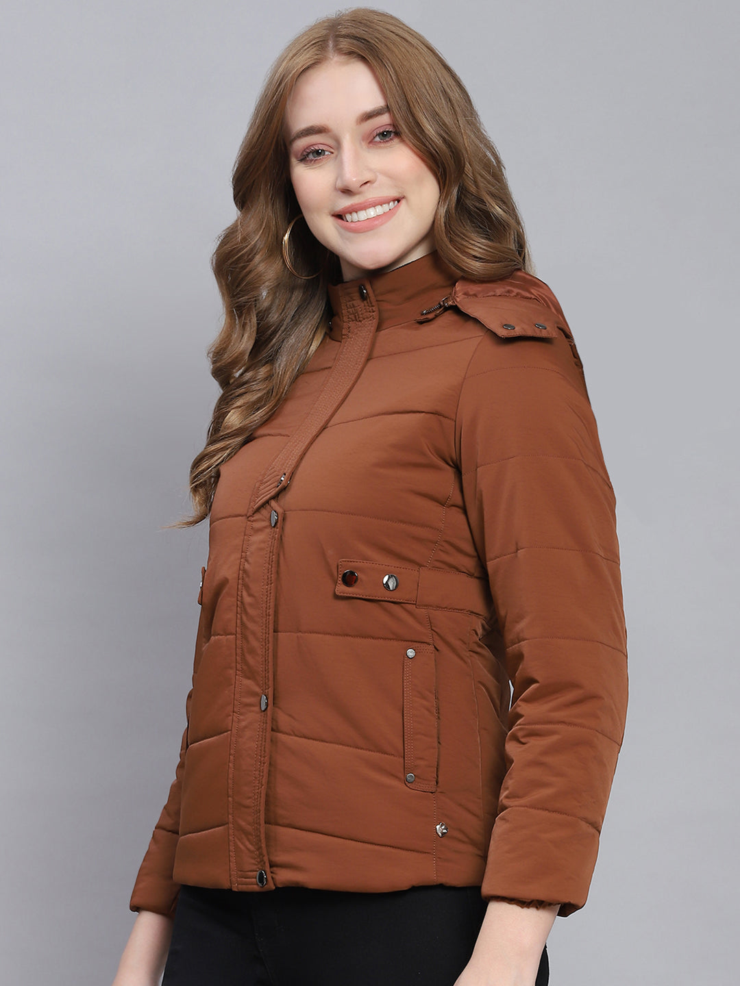 Women Brown Solid Hooded Full Sleeve Jackets