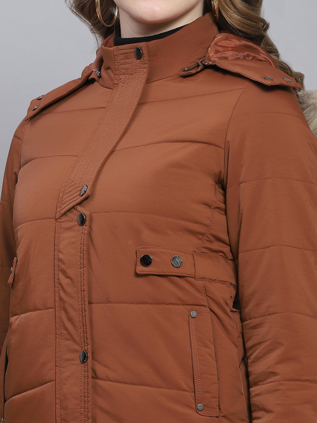 Women Brown Solid Hooded Full Sleeve Jackets