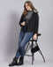 Women Black Solid Stand Collar Full Sleeve Jacket