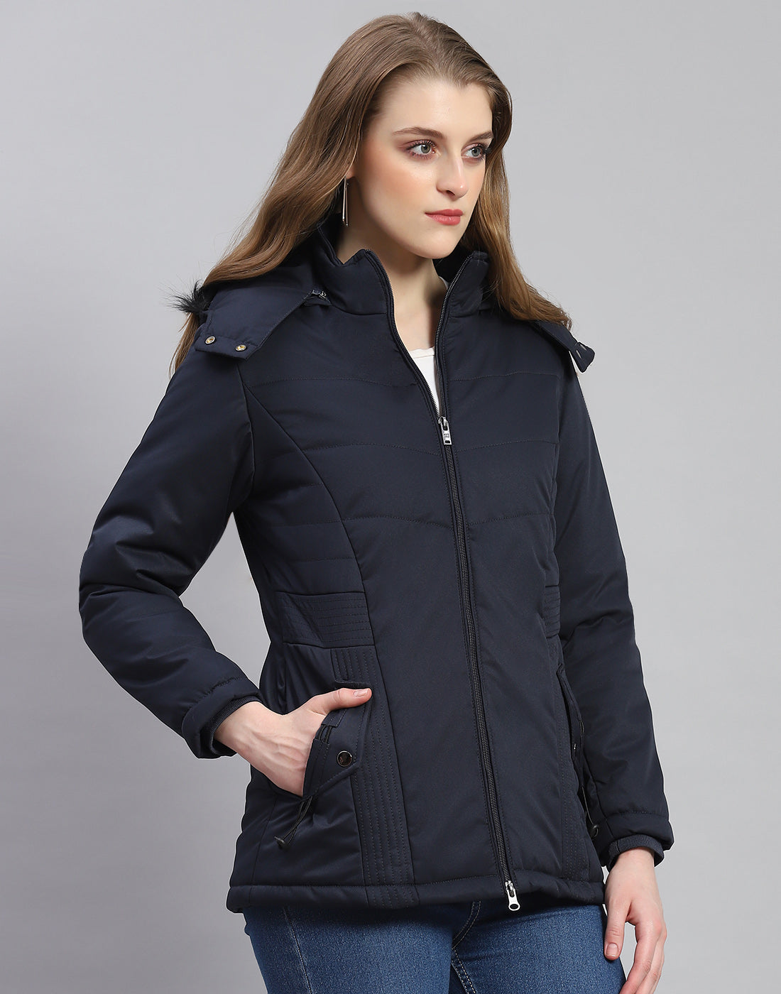 Women Navy Blue Solid Hooded Full Sleeve Jacket