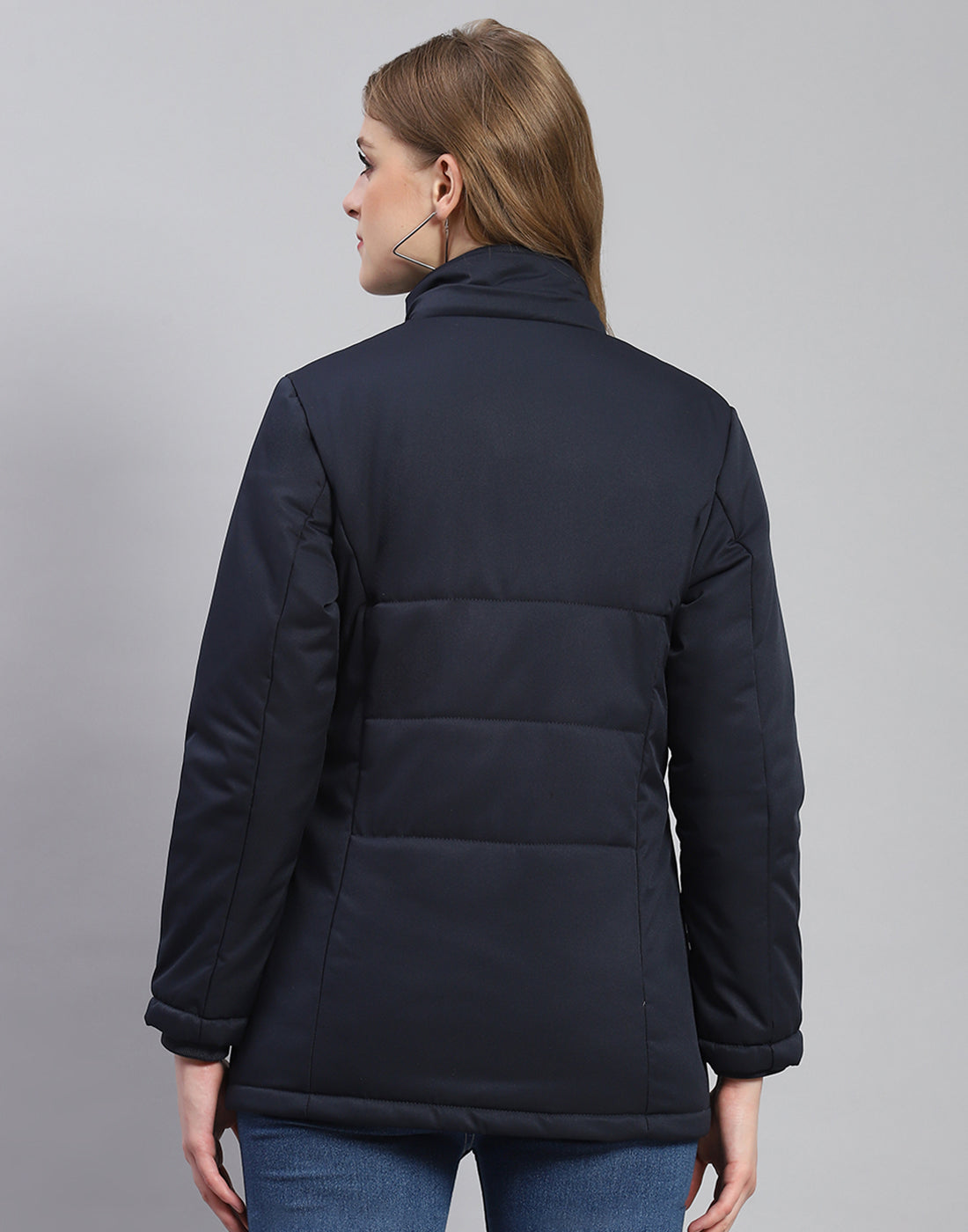 Women Navy Blue Solid Hooded Full Sleeve Jacket