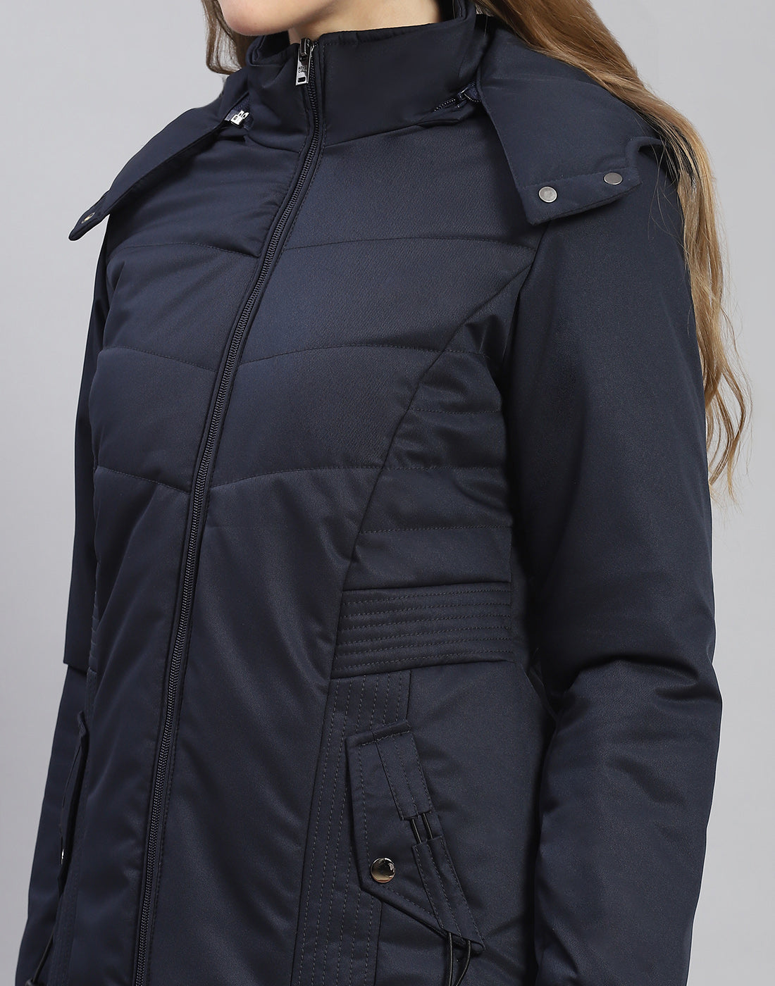 Women Navy Blue Solid Hooded Full Sleeve Jacket