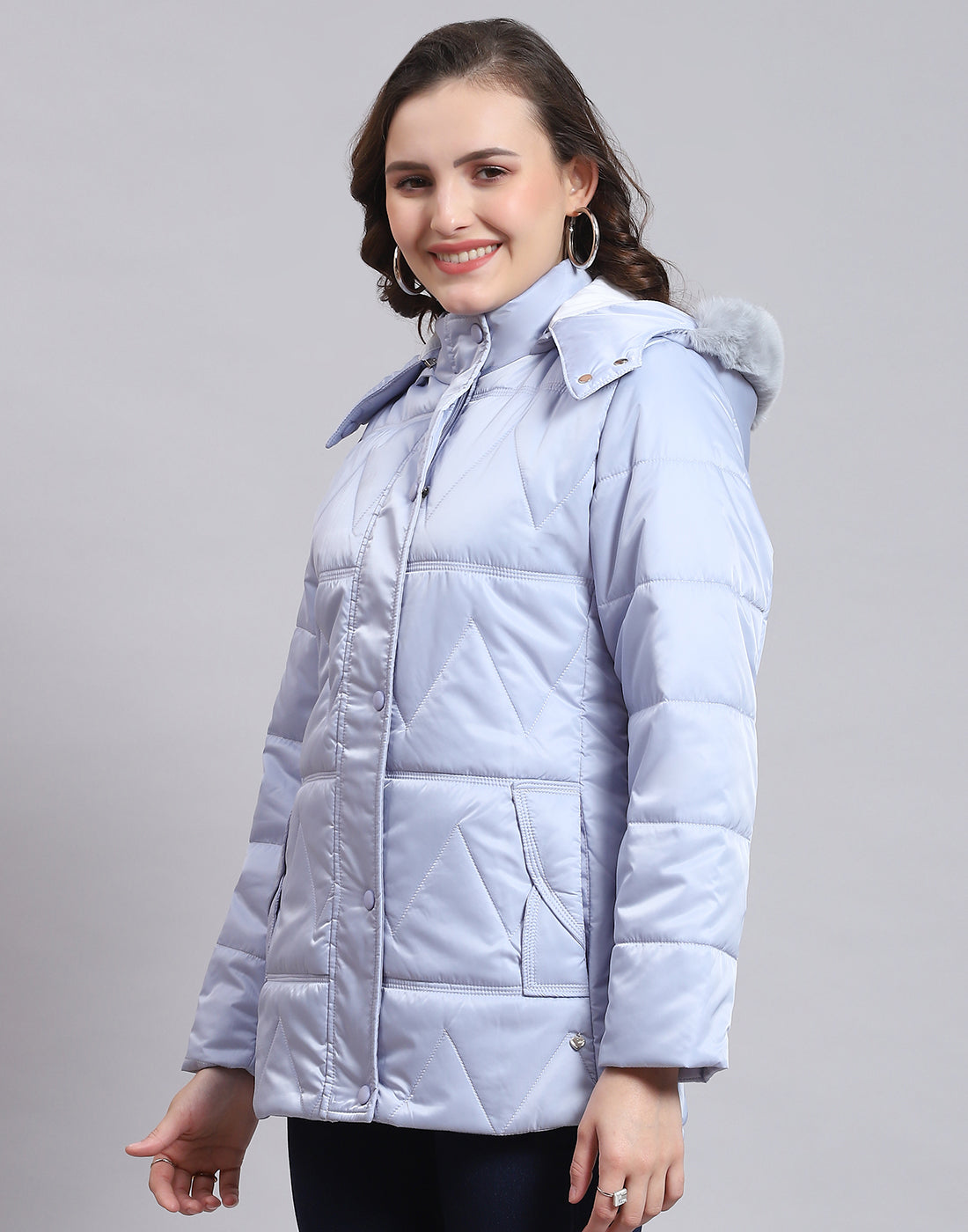 Women Blue Solid Hooded Full Sleeve Jacket