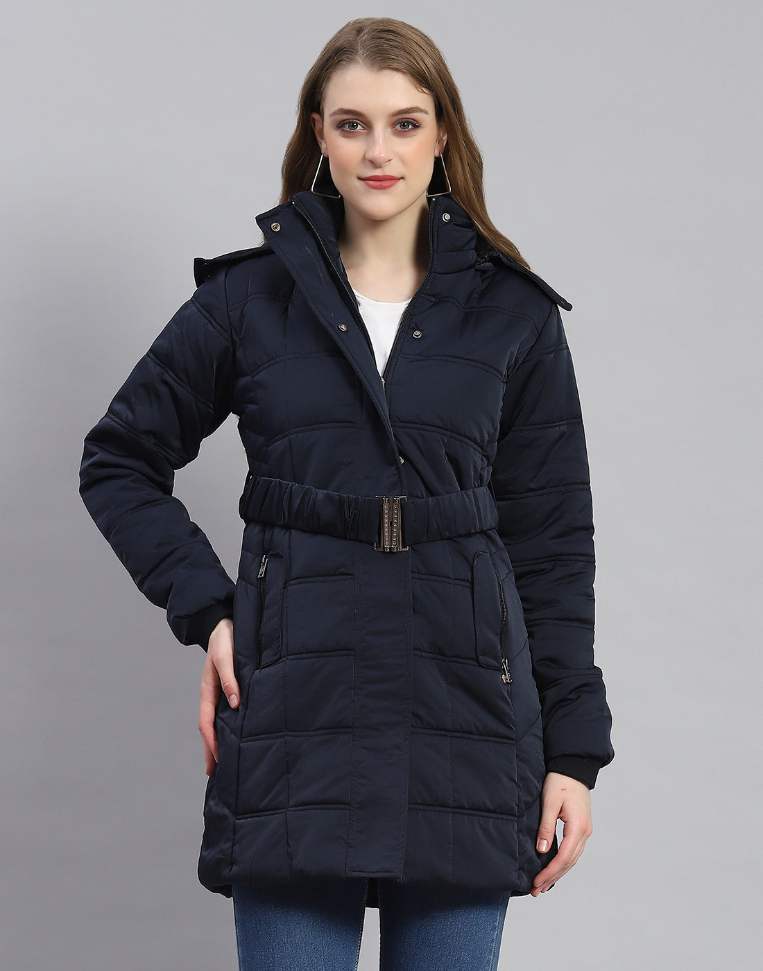 Women Navy Blue Solid Hooded Full Sleeve Jacket