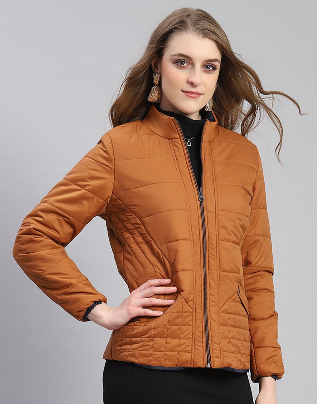 Women Rust Solid Stand Collar Full Sleeve Reversible Jacket