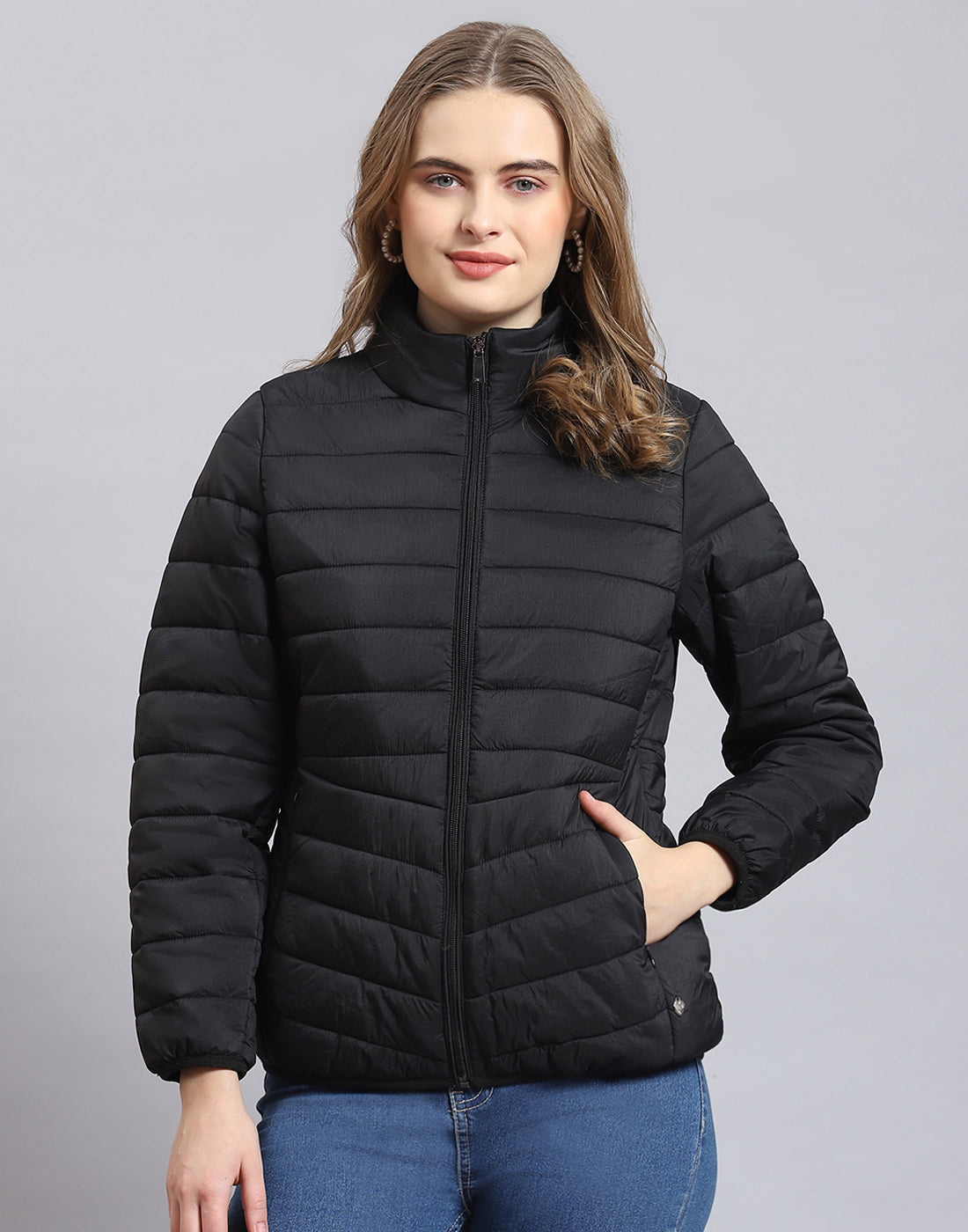 Women Black Solid Stand Collar Full Sleeve Jacket