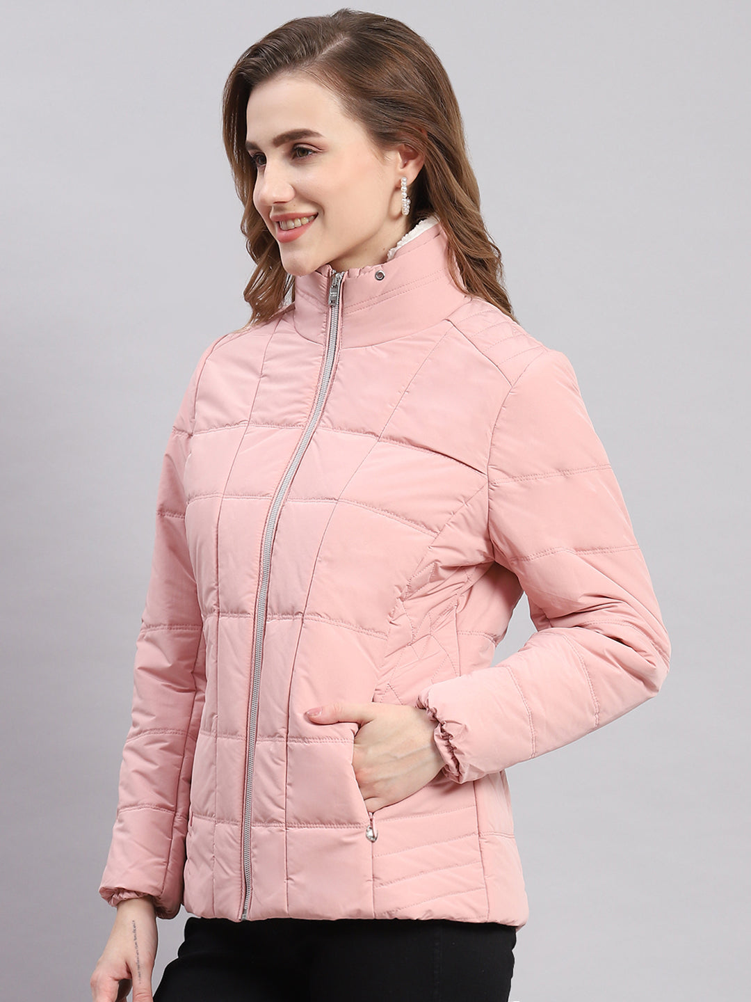 Women Peach Solid Stand Collar Full Sleeve Jackets