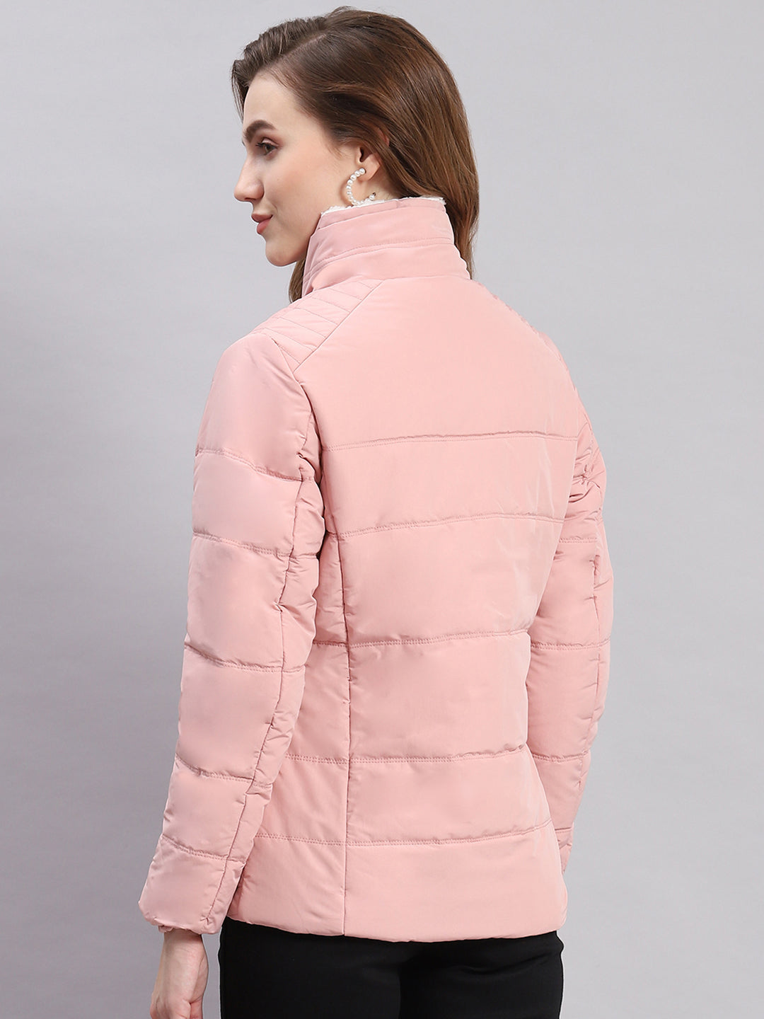 Women Peach Solid Stand Collar Full Sleeve Jackets
