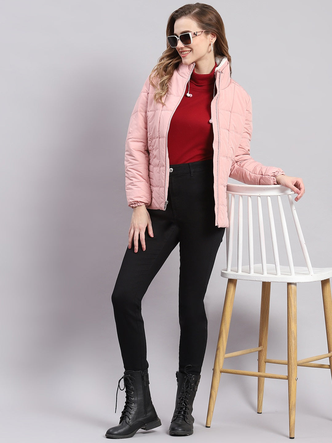 Women Peach Solid Stand Collar Full Sleeve Jackets