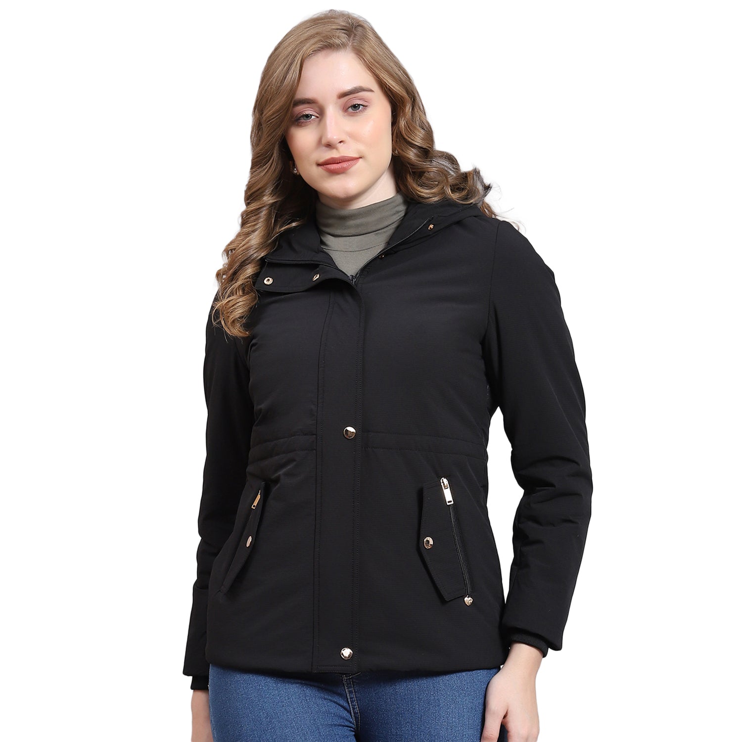 Women Black Hooded Jacket with Attached Inflatable Neck Pillow