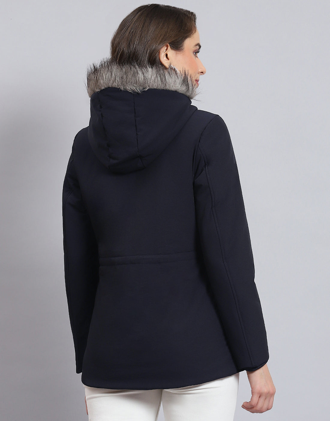 Women Navy Blue Hooded Jacket with Attached Inflatable Neck Pillow