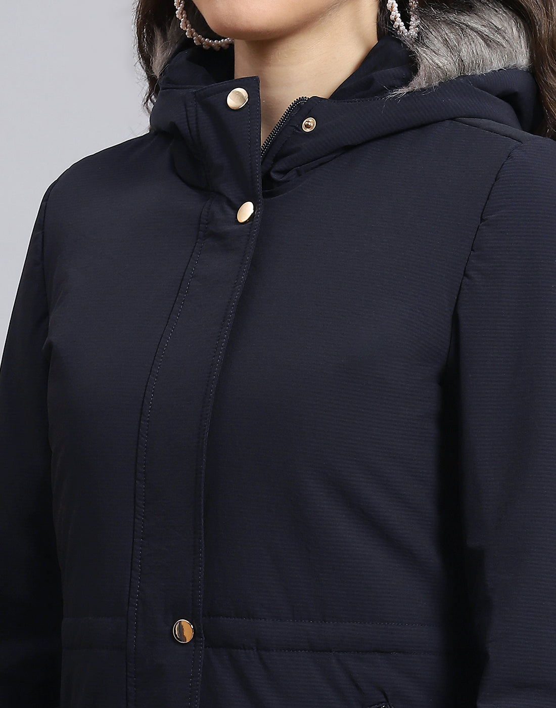 Women Navy Blue Hooded Jacket with Attached Inflatable Neck Pillow