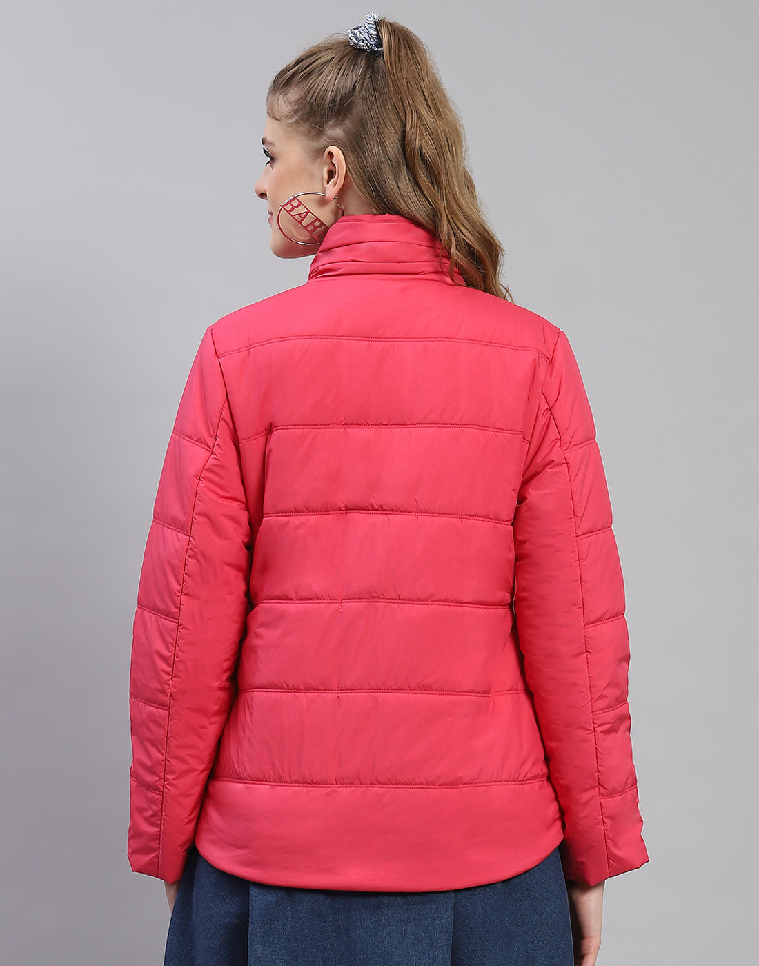 Women Pink Solid Stand Collar Full Sleeve Jacket