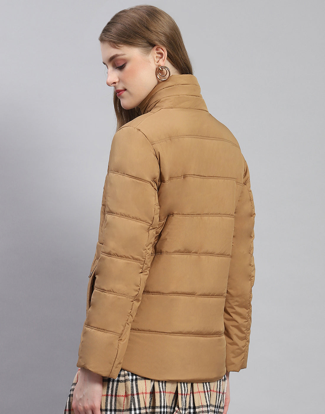 Women Brown Solid Stand Collar Full Sleeve Jacket