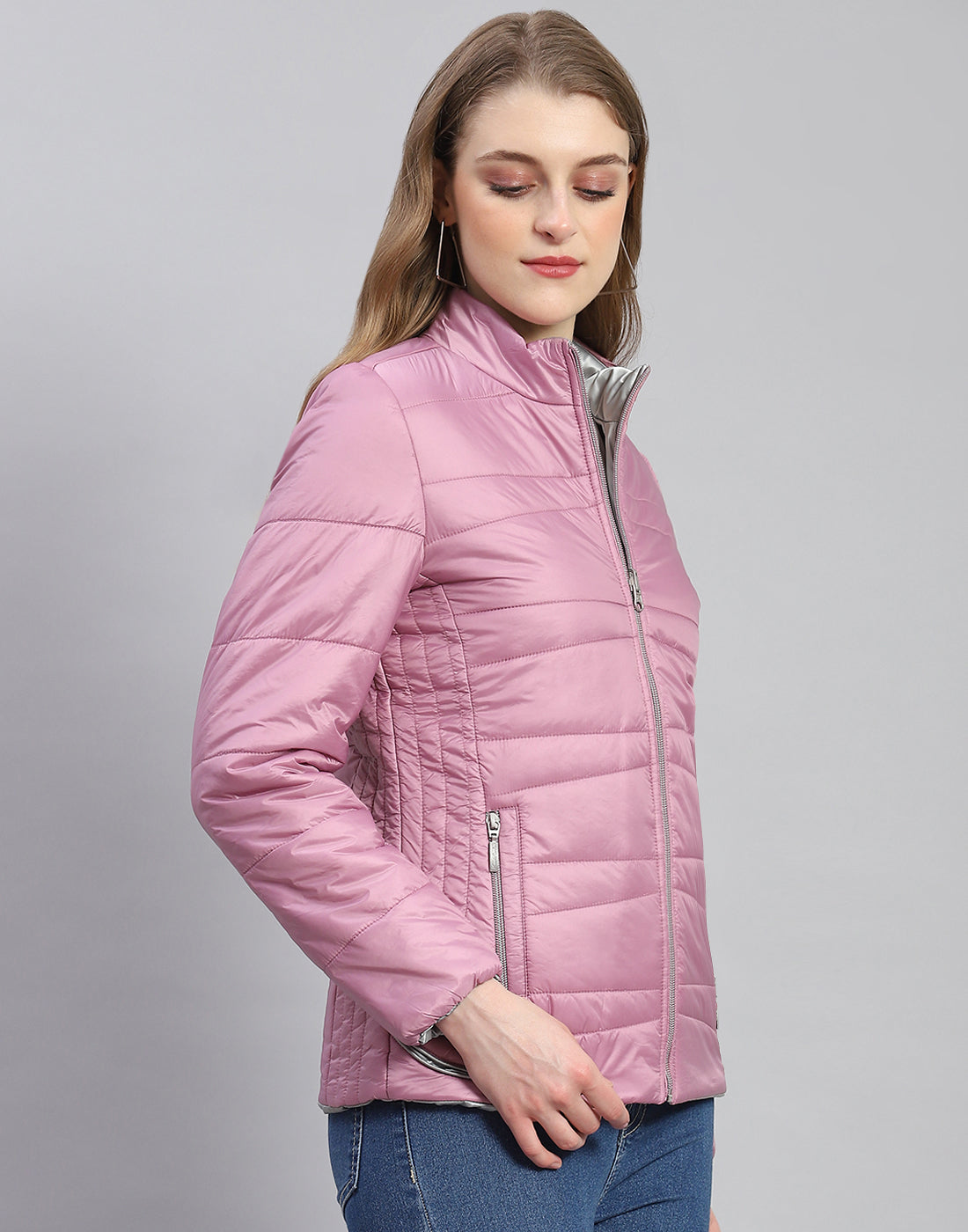 Women Purple Solid Stand Collar Full Sleeve Jacket