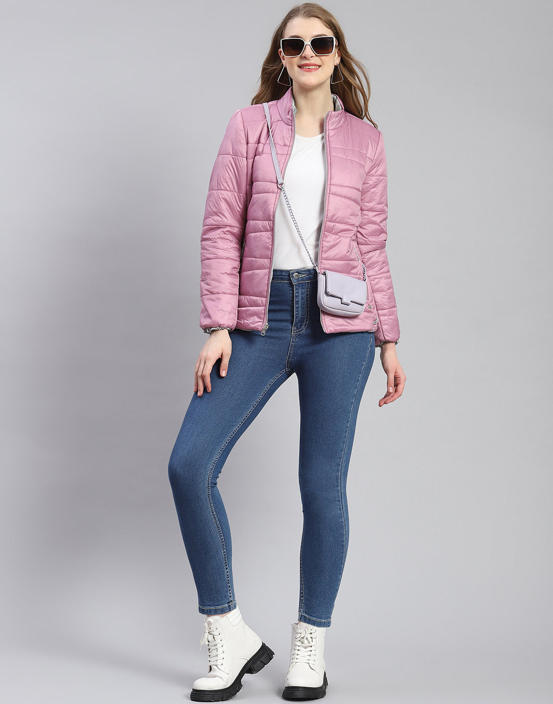 Women Purple Solid Stand Collar Full Sleeve Jacket