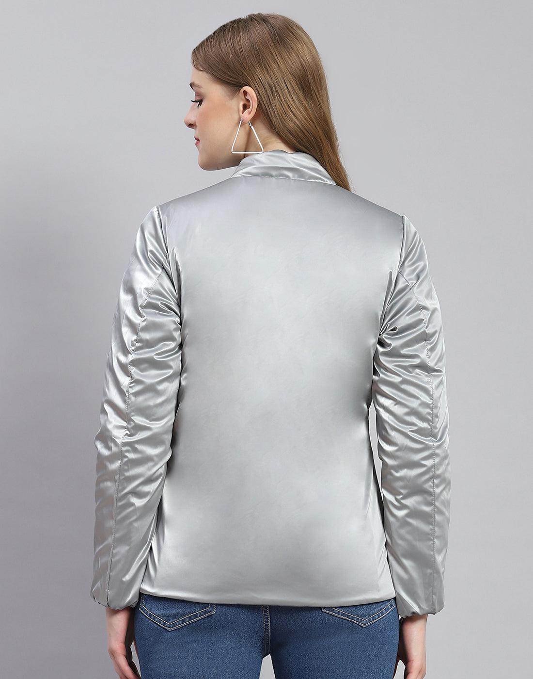 Women Purple Solid Stand Collar Full Sleeve Jacket