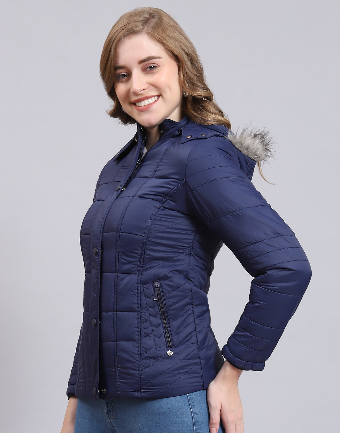 Women Navy Blue Solid Hooded Full Sleeve Jacket