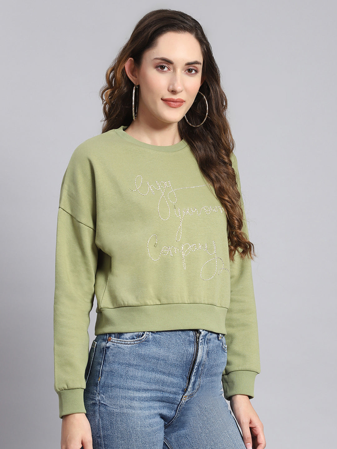 Women Green Embroidered Round Neck Full Sleeve Sweatshirts