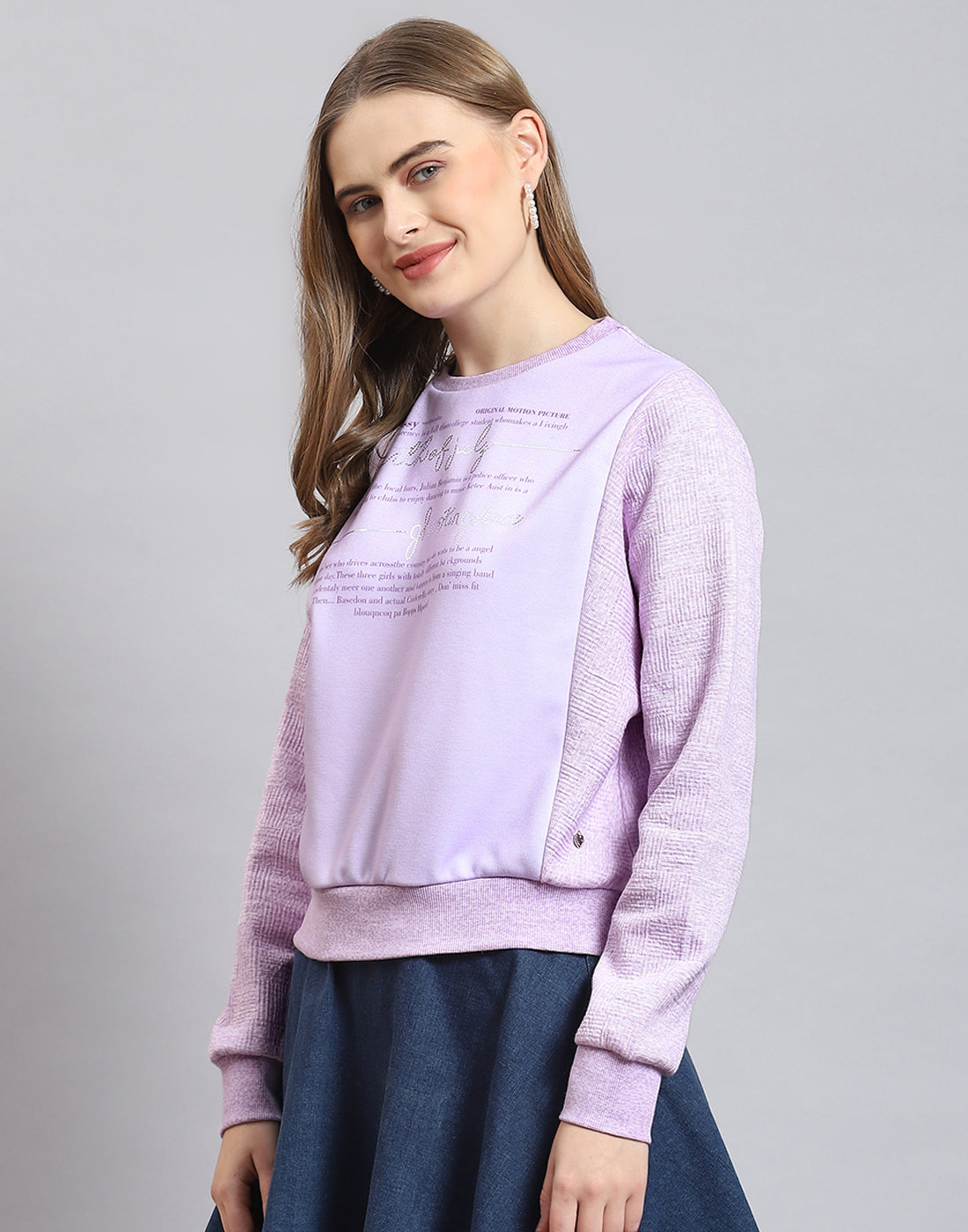 Women Purple Printed Round Neck Full Sleeve Sweatshirt