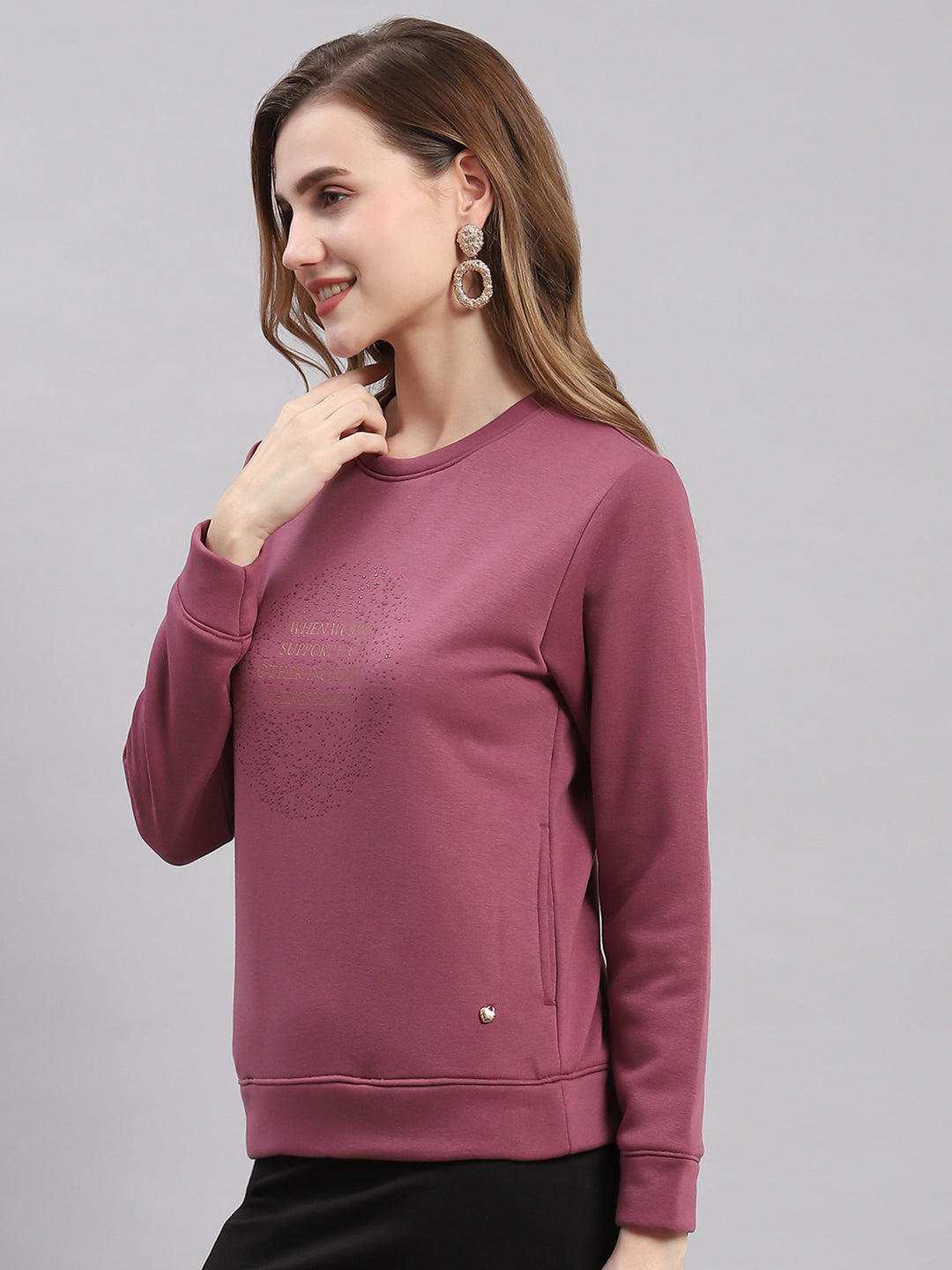 Women Maroon Printed Round Neck Full Sleeve Sweatshirts