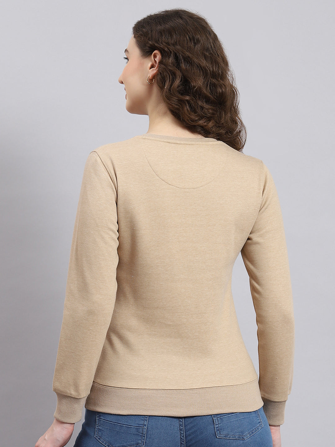 Women Beige Printed Round Neck Full Sleeve Sweatshirt