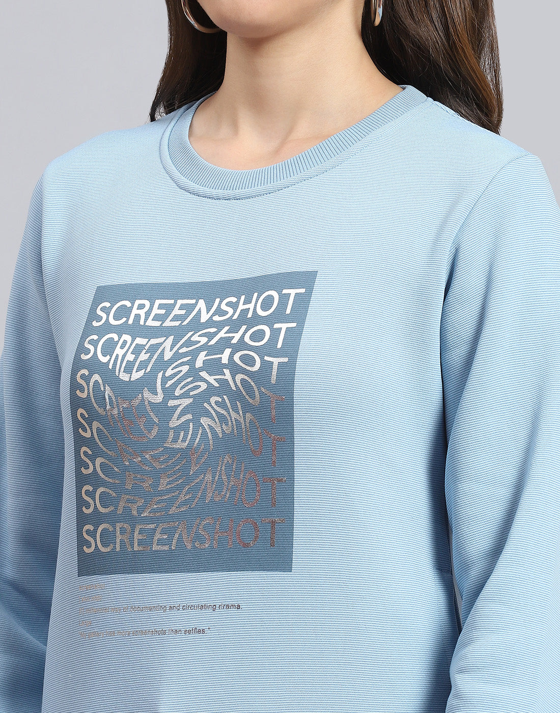 Women Blue Printed Round Neck Full Sleeve Sweatshirt