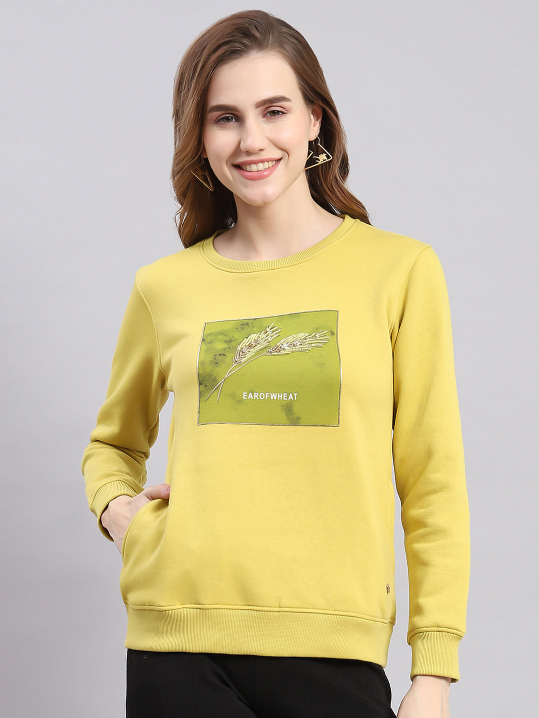 Women Yellow Printed Round Neck Full Sleeve Sweatshirts