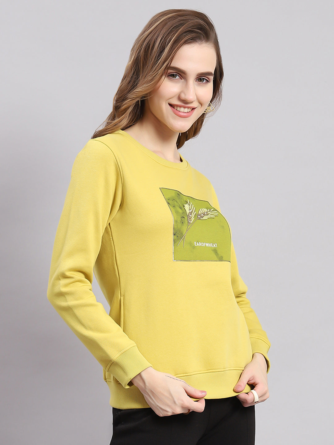 Women Yellow Printed Round Neck Full Sleeve Sweatshirts