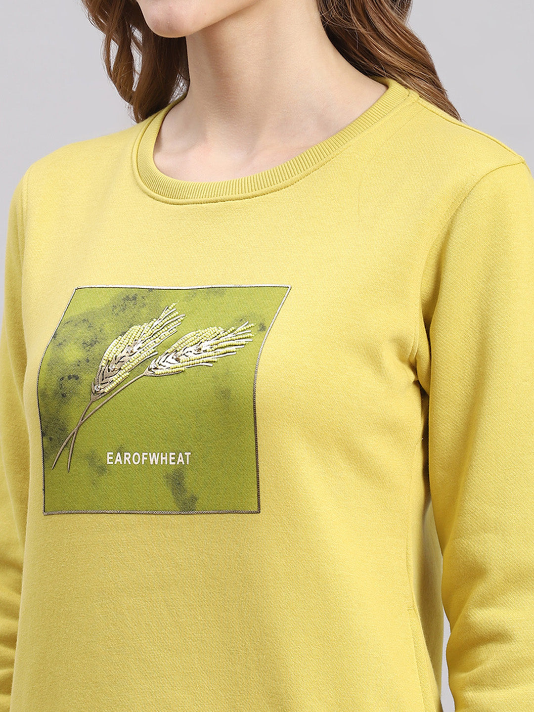 Women Yellow Printed Round Neck Full Sleeve Sweatshirts