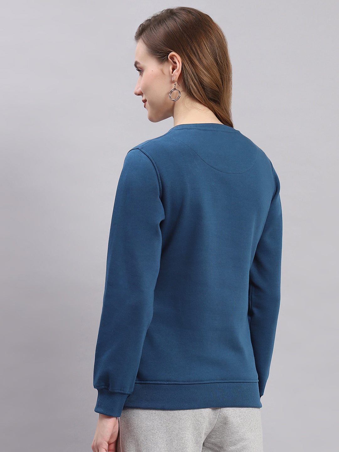 Women Navy Blue Printed Round Neck Full Sleeve Sweatshirts