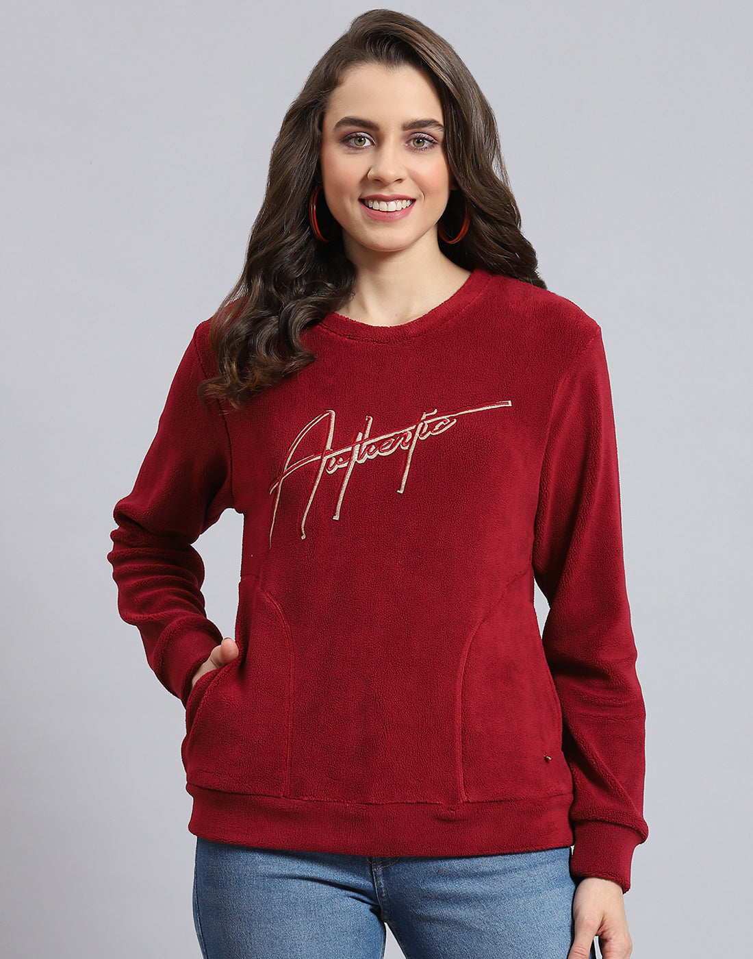 Women Maroon Embroidered Round Neck Full Sleeve Sweatshirt