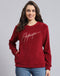 Women Maroon Embroidered Round Neck Full Sleeve Sweatshirt