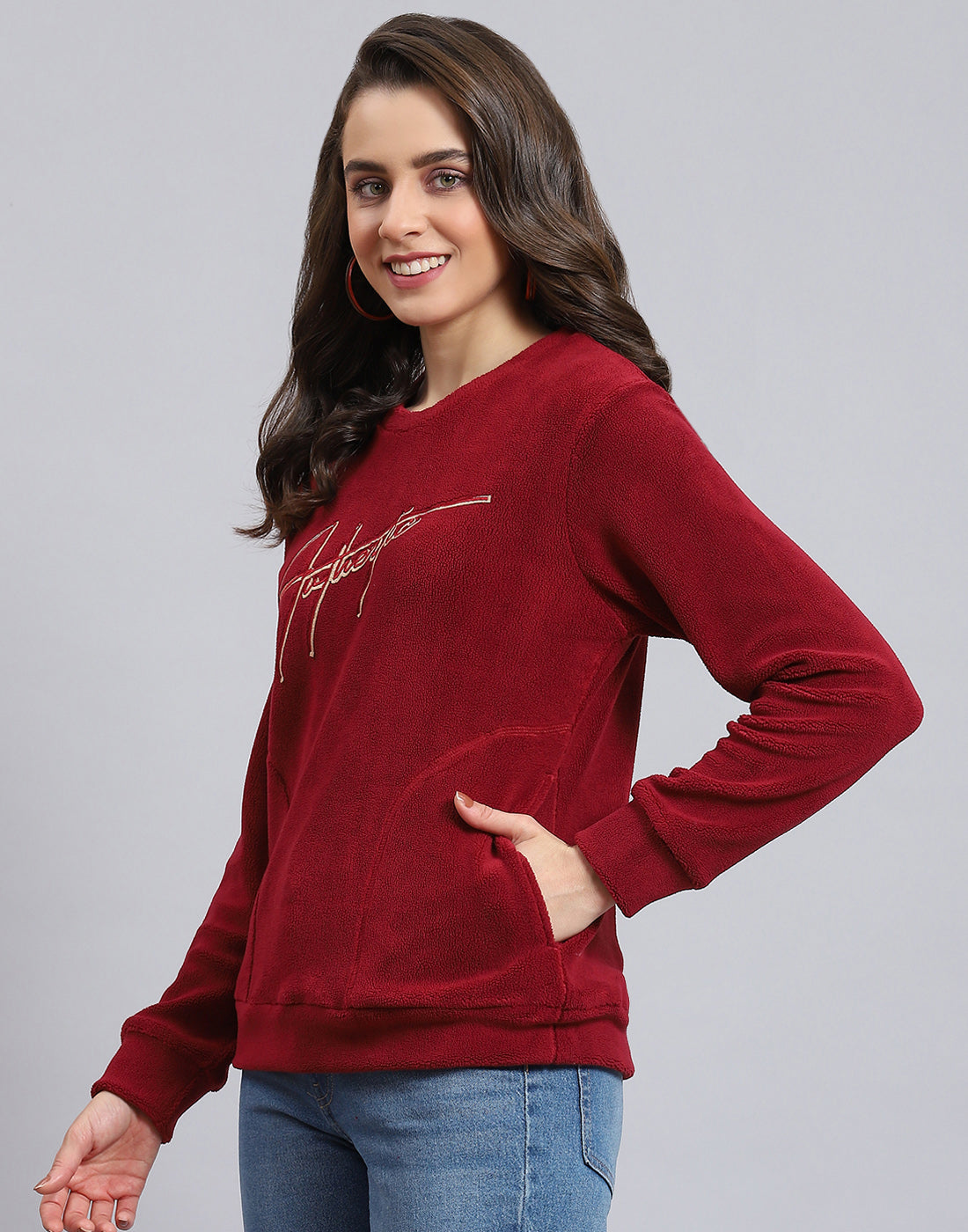 Women Maroon Embroidered Round Neck Full Sleeve Sweatshirt