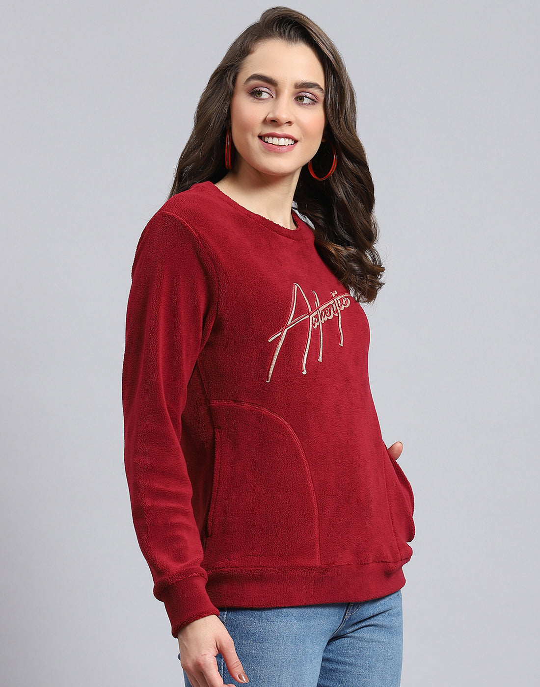 Women Maroon Embroidered Round Neck Full Sleeve Sweatshirt