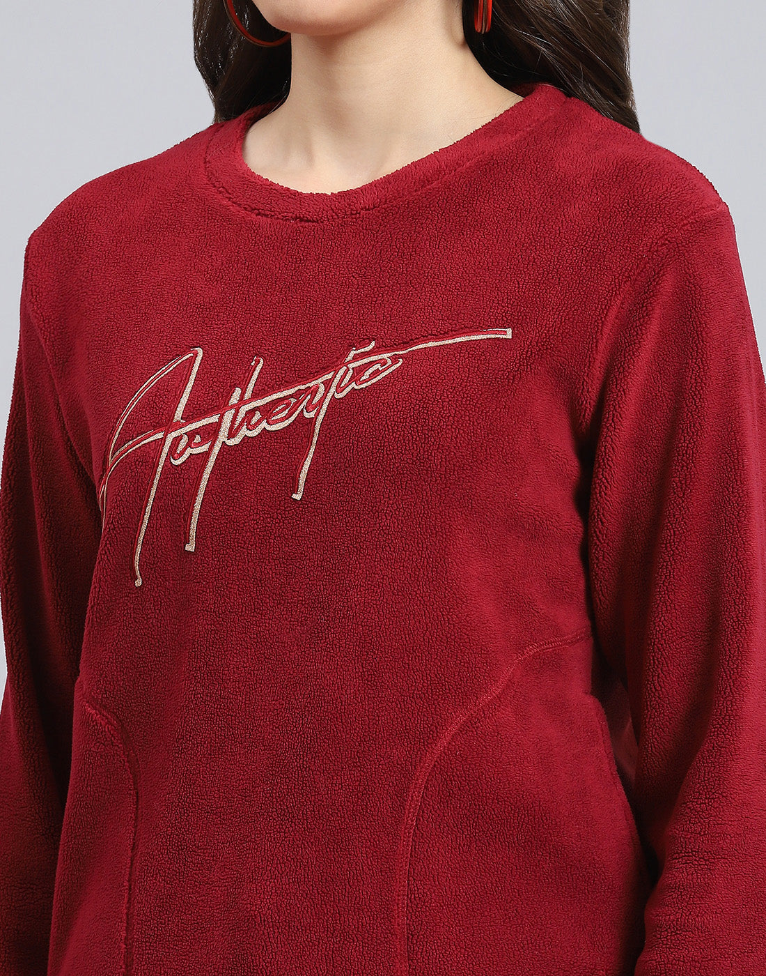 Women Maroon Embroidered Round Neck Full Sleeve Sweatshirt