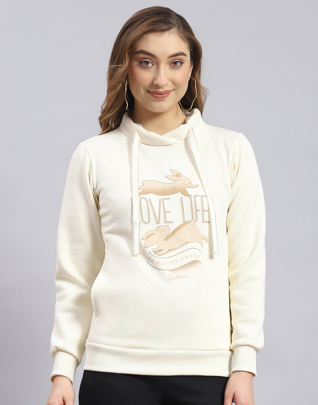 Women Cream Printed Round Neck Full Sleeve Sweatshirt