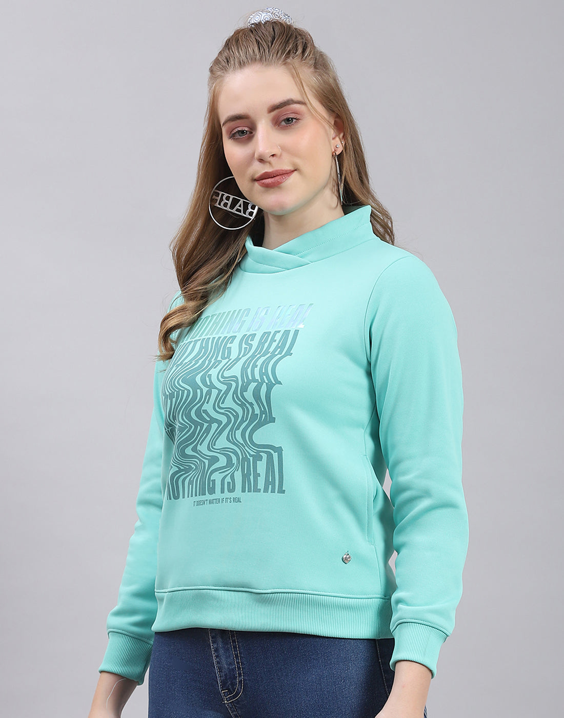 Women Turquoise Blue Printed H Neck Full Sleeve Sweatshirt