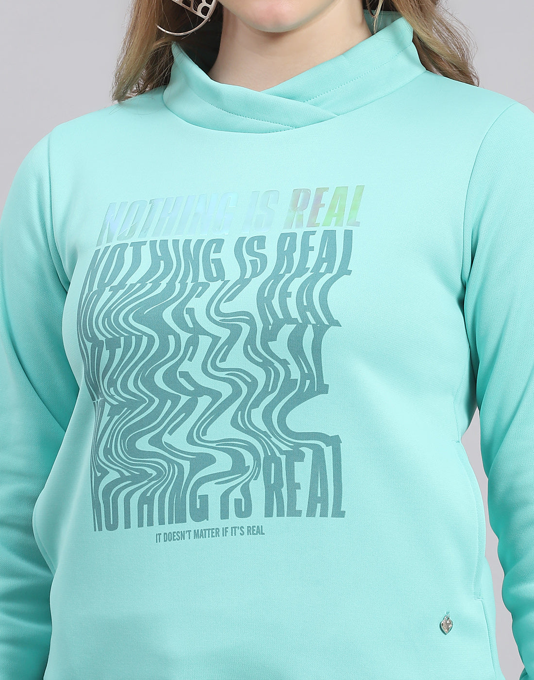 Women Turquoise Blue Printed H Neck Full Sleeve Sweatshirt