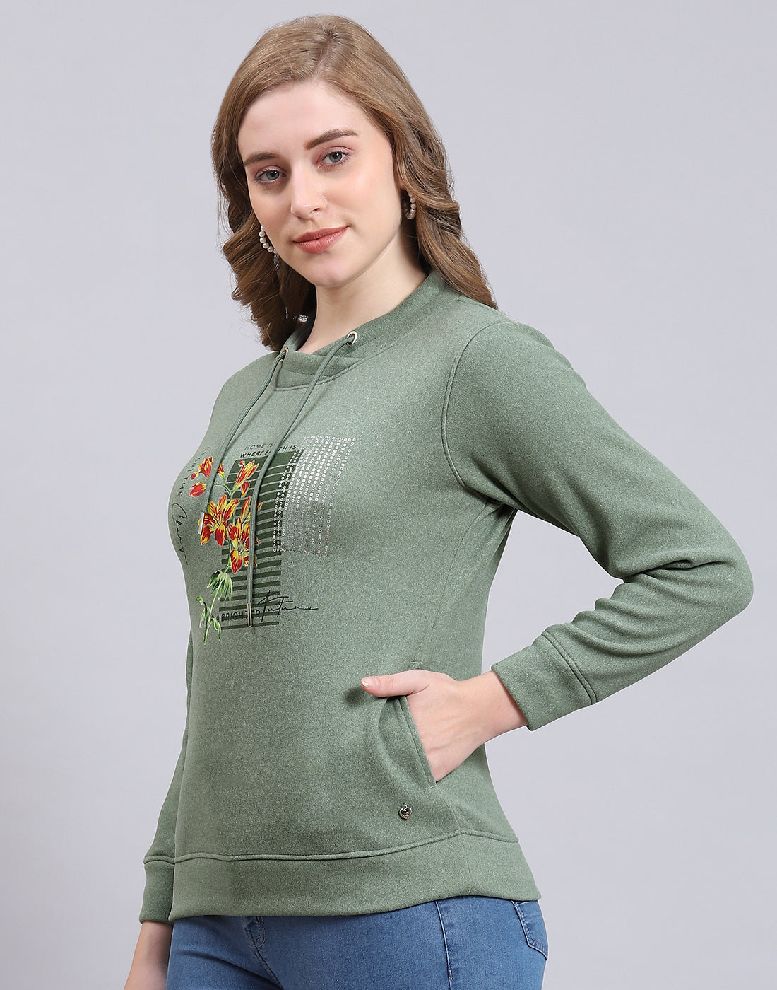 Women Green Printed Round Neck Full Sleeve Sweatshirt