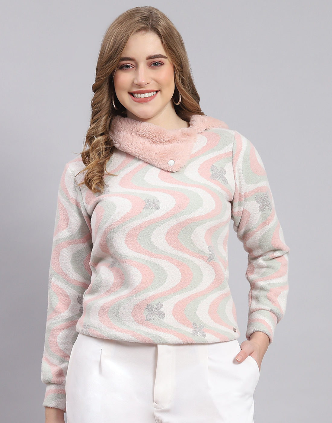 Women Pink Printed Collar Full Sleeve Sweatshirt