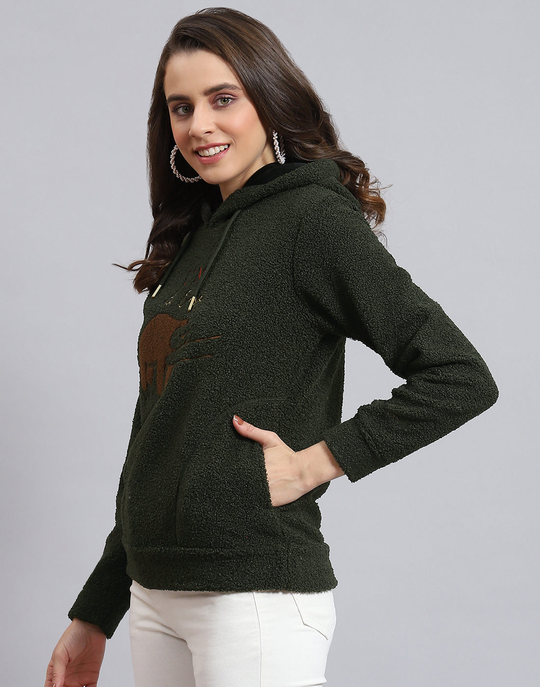 Women Olive Embroidered Hooded Full Sleeve Sweatshirt