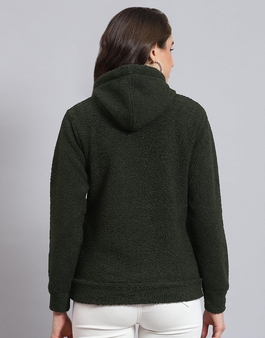 Women Olive Embroidered Hooded Full Sleeve Sweatshirt