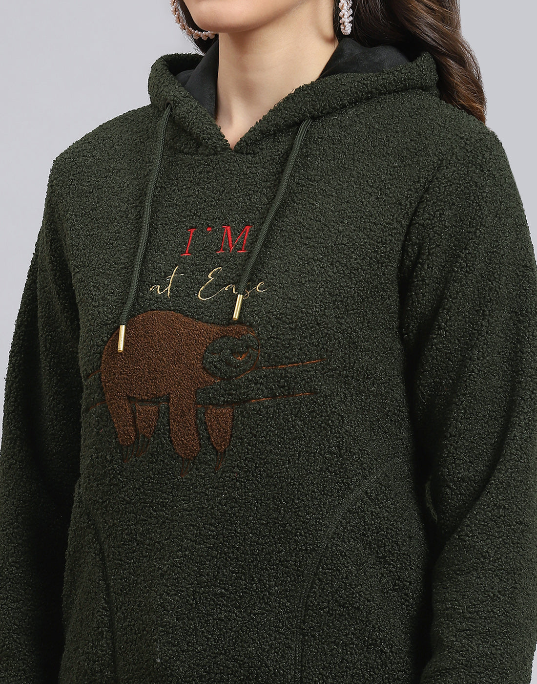 Women Olive Embroidered Hooded Full Sleeve Sweatshirt