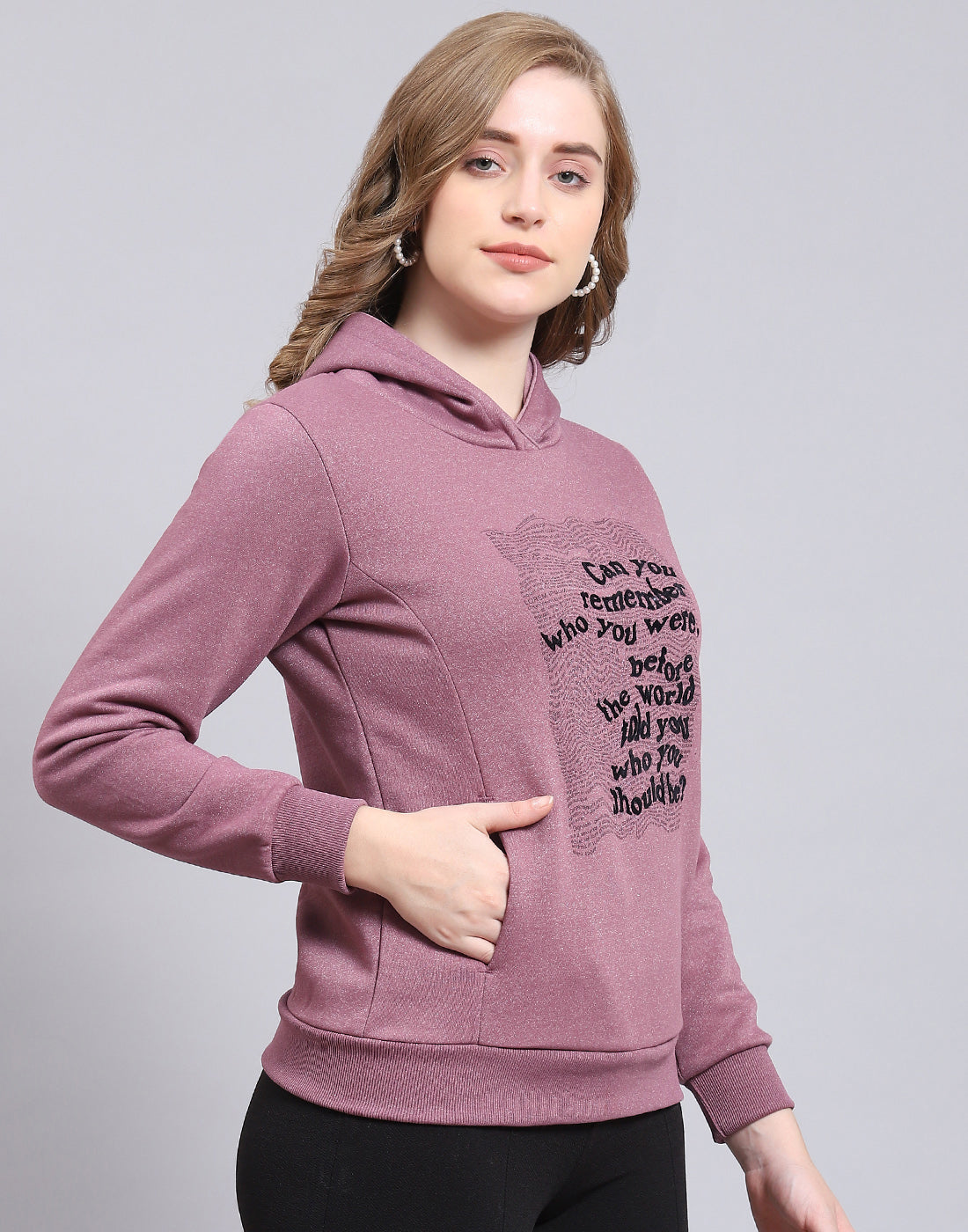 Women Purple Printed Hooded Full Sleeve Sweatshirt