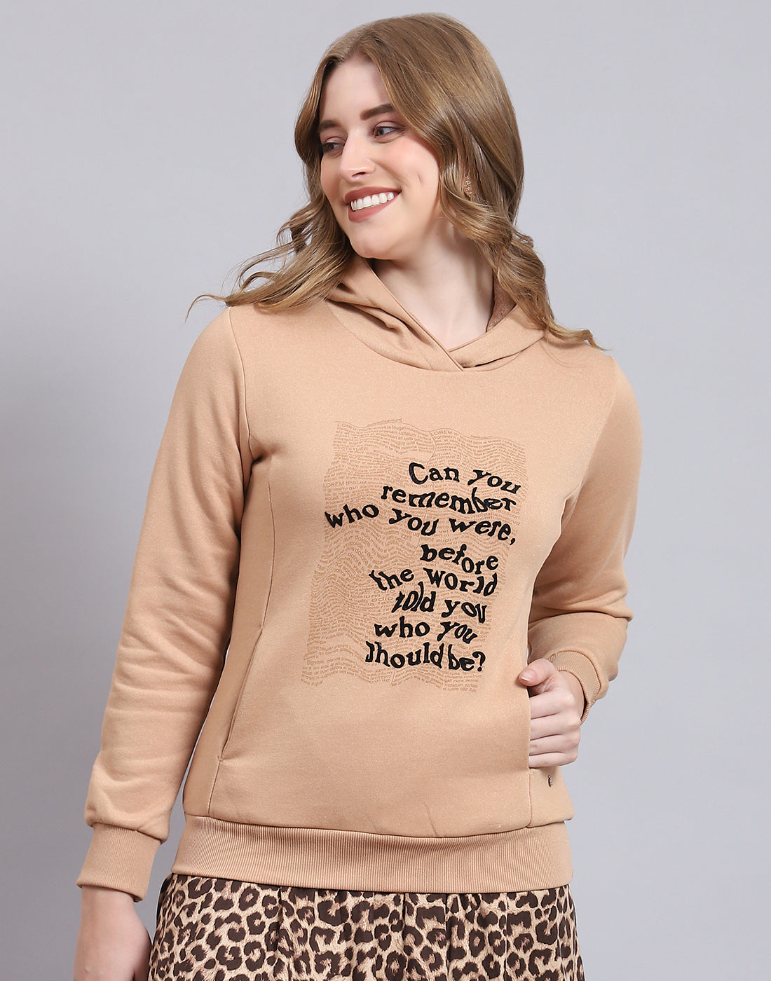 Women Beige Printed Hooded Full Sleeve Sweatshirt