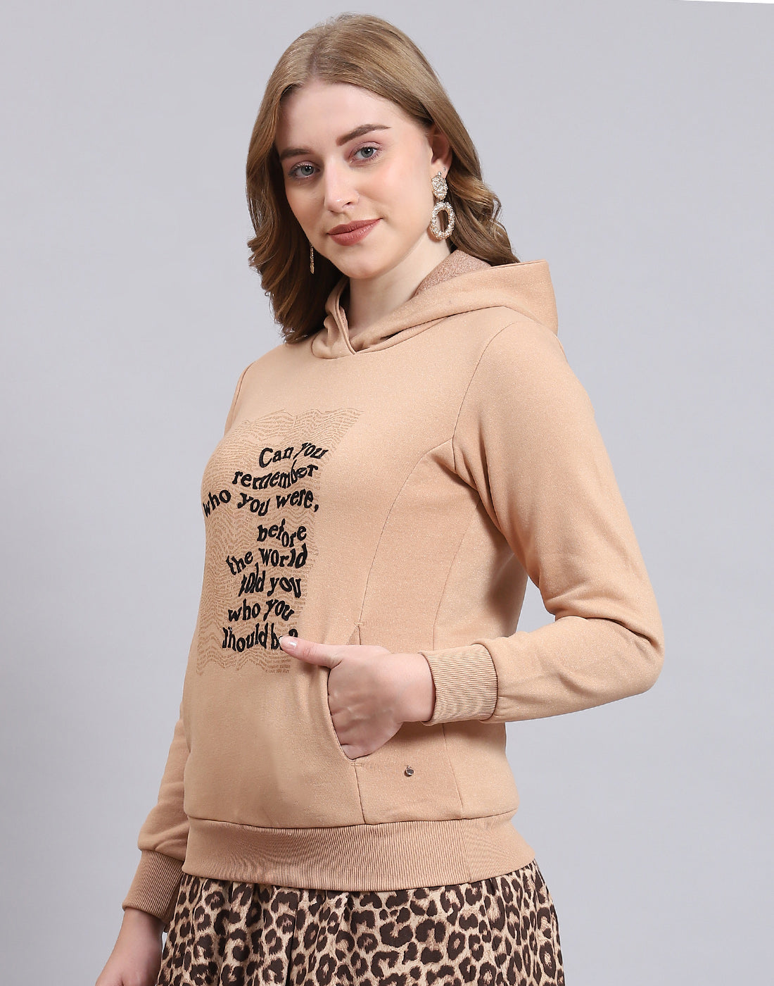 Women Beige Printed Hooded Full Sleeve Sweatshirt
