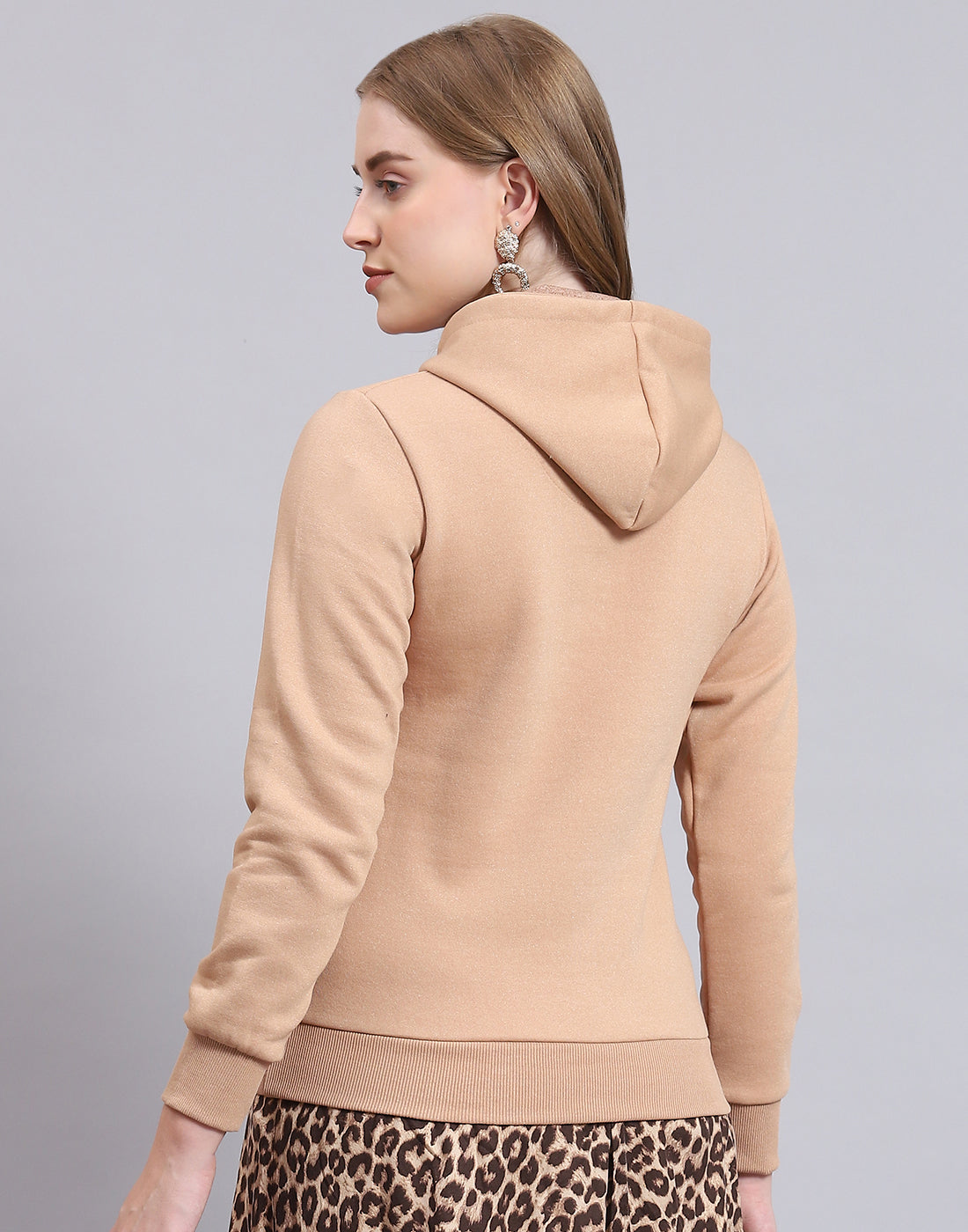 Women Beige Printed Hooded Full Sleeve Sweatshirt