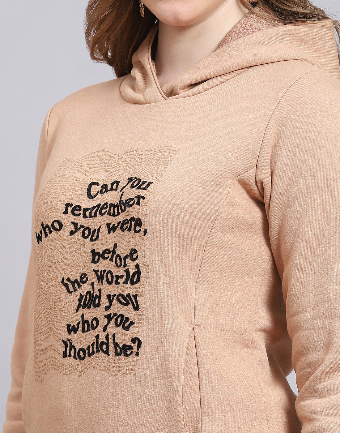 Women Beige Printed Hooded Full Sleeve Sweatshirt