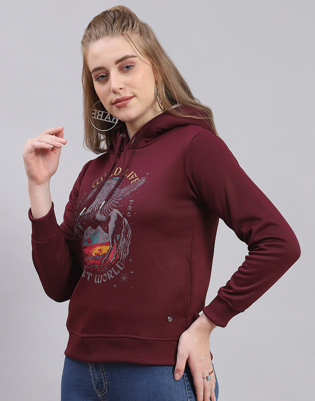 Women Maroon Printed Hooded Full Sleeve Sweatshirt